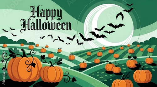 Happy Halloween Vector Illustration. Pumpkin Field with Flying Bats and Full Moon. Spooky Night Background Text Design for Cards, Posters, and Flyers.