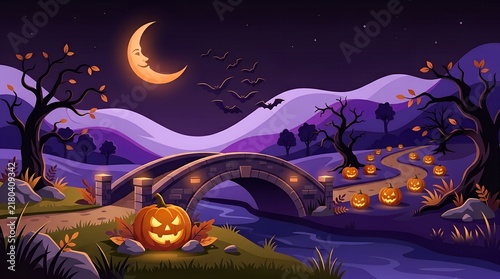Happy Halloween night with carved jack-o-lanterns along a spooky arch bridge, purple moonlit landscape with flying bats and barren trees, festive autumn template