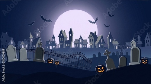 Scary Halloween night background with spooky graveyard, haunted mansion, cobweb bats, and carved jack-o-lantern pumpkins. Eerie full moon landscape silhouette illustration. Spooky holiday party