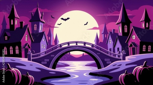 Spooky halloween night landscape with carved pumpkin lantern, full moon, flying crows and dead trees, purple rolling hills, dark forest background, cartoon vector illustration