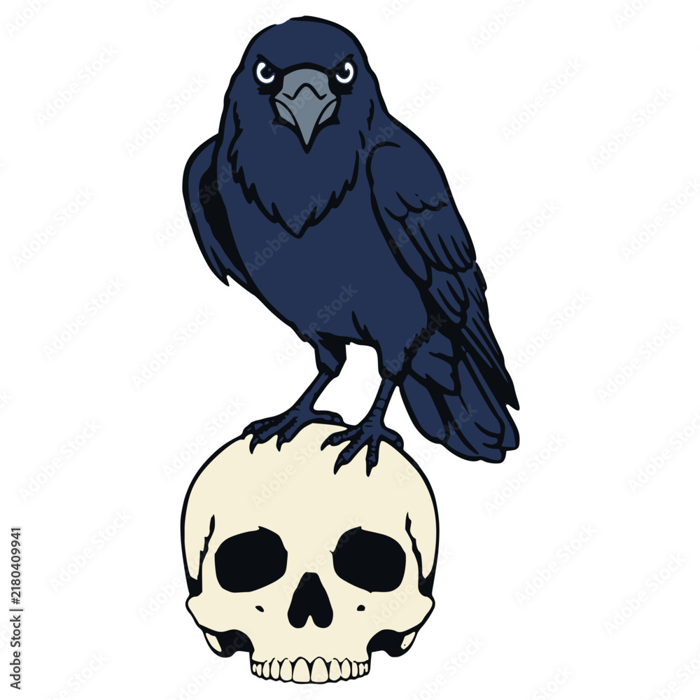 Obraz premium horror black raven bird standing on human skull halloween creepy holiday flat color vector illustration template design