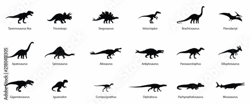 Bild auf Leinwand Set of eighteen black dinosaur silhouettes including tyrannosaurus rex, tricerat