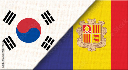 Double flag of South Korea and Andorra on fabric texture - 3D illustration.