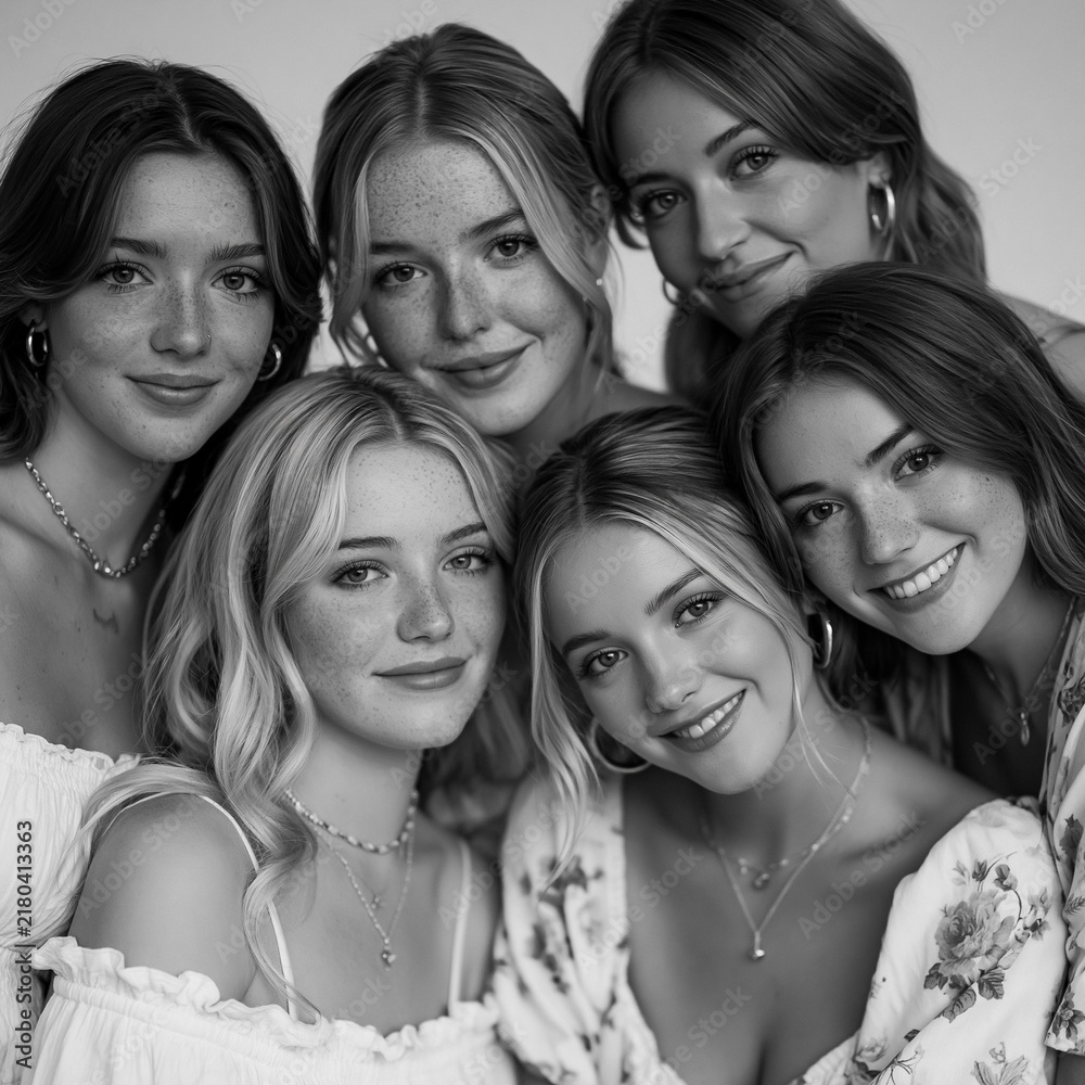 Obraz premium Six cheerful young women posing closely, featuring warm smiles and freckles, depicting bonds of sisterhood and happiness