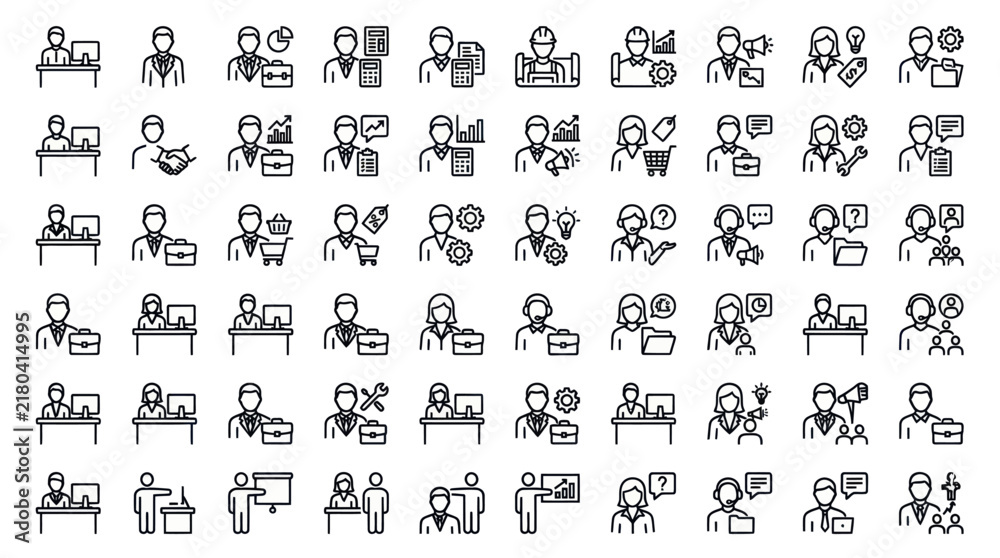 Obraz premium Customer service and office staff line icon set.
