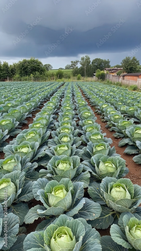 Fototapeta premium Rows of Young Brussels Sprouts Growing in a Farm Field Under Moody Stormy Sky, Agriculture Stock Photo.