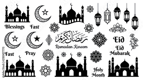 Islamic ramadan and eid mubarak silhouette icons