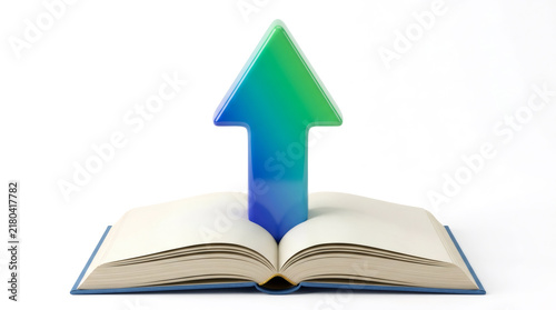 3D Green Upward Arrow Rising from Open Book, Education Growth and Skill Improvement Concept