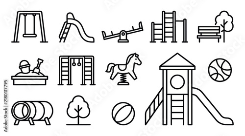 Kids playground equipment and park activity icons.