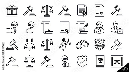 Legal system and justice department line icons.
