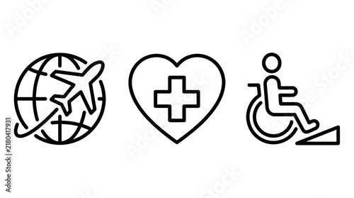 Global travel healthcare and handicap accessibility icons.