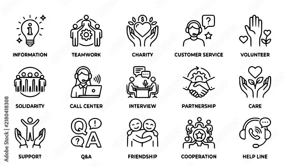 Obraz premium Charity and Community Support Icon Set with Volunteer, Teamwork, Customer Service, Solidarity, Partnership and Friendship Line Icons