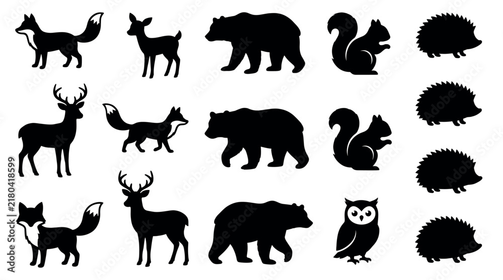Fototapeta premium Wild Animals Silhouettes Vector Collection with Horse, Elephant, Tiger, Bear, Wolf, Deer, Dog and Cat Icons for Wildlife, Nature, Farm and Zoo Design