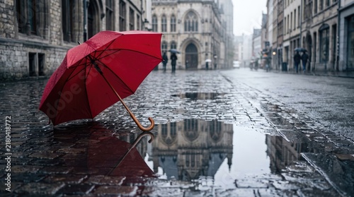 A red umbrella rests on a wet cobblestone street. Reflections of buildings are visible in the puddles. The scene is set in a historic urban environment on a rainy day.