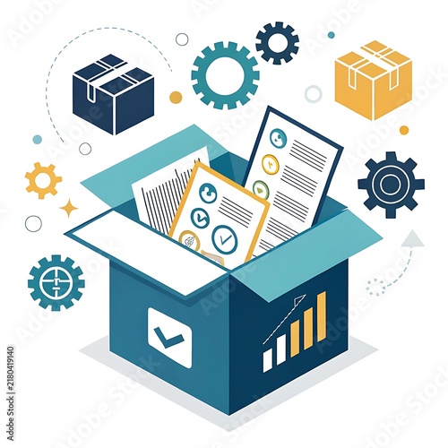 Isometric delivery box concept with shipment tracking and logistical data reports isometric illustration supply chain shipment
