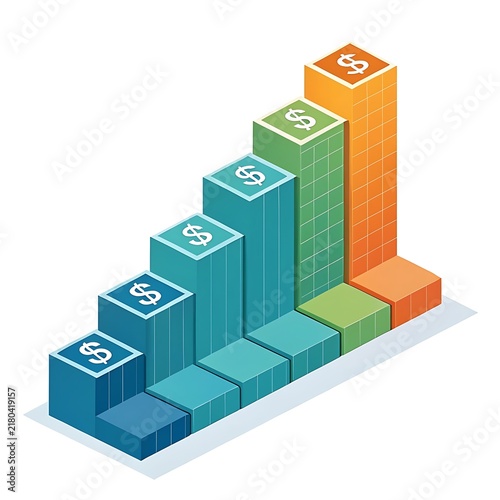 Isometric financial growth chart with colorful increasing columns and dollar currency signs bar chart dollar sign isometric
