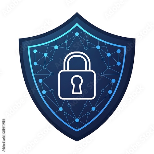 Cybersecurity digital shield icon with network nodes and secure padlock symbol cyber security data protection information safe