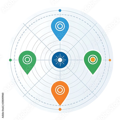 Abstract circular radar interface with geographic location pin markers and directional points map marker navigation system