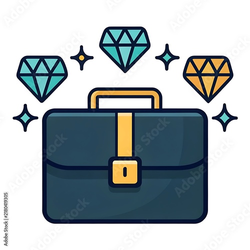 Business briefcase surrounded by glowing diamond gems representing high value and precious career assets with briefcase