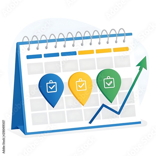 Desk calendar with location pins and upward rising growth chart arrow indicating business planning and schedule