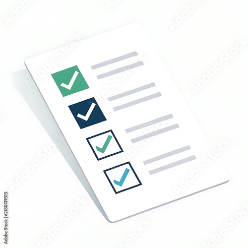 White paper checklist document with completed check marks in colorful square boxes for task management checklist document