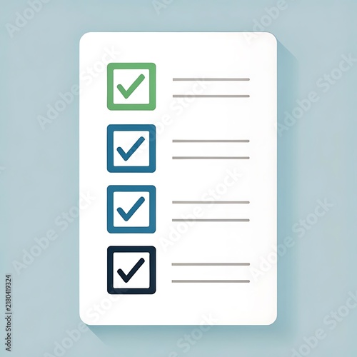 Checklist document featuring green and blue checkmarks inside square boxes next to blank lines checklist checkmarks document