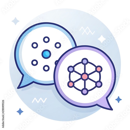 Communication concept with speech bubbles containing network nodes and data graphics communication graphics connection
