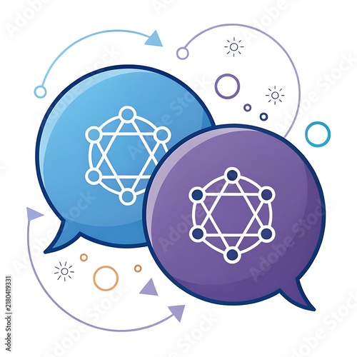 Connected speech bubbles with molecular structures and communication networks connection dialogue