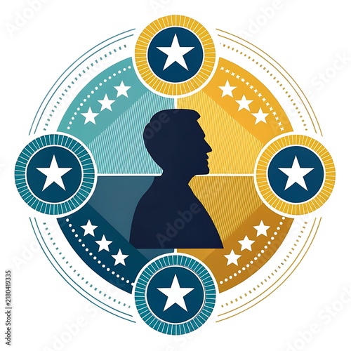 Circular badge design featuring a silhouette profile surrounded by stars and geometric patterns silhouette geometric patterns