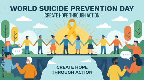 Konstfotografi World Suicide Prevention Day vector banner with diverse people holding hands tog