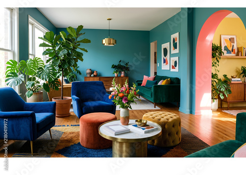 Modern living room with blue chairs and green walls