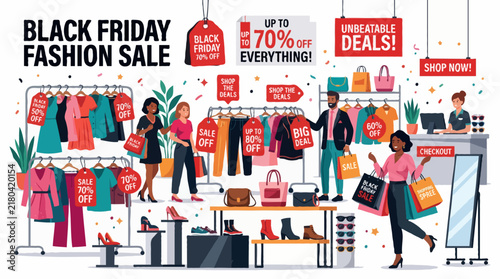 Black Friday fashion sale illustration with people shopping and racks of clothing, offering up to 70% off everything. Special deals and shop now promotions are visible.
