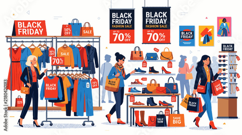 Shopping spree on Black Friday, with people buying clothes and accessories. Signs indicate a 70% discount on selected items.
