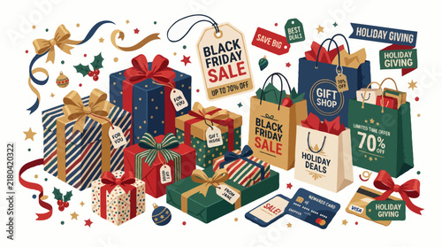 Collection of gift boxes, shopping bags and cards, perfect for celebrating Black Friday sales and holiday giving