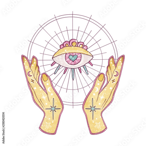 Esoteric mystical hands, magic eye with heart and sacred geometry. Hand drawn watercolor illustration isolated on white in pastel girly clip art for teenage journals, affirmation cards, merch design