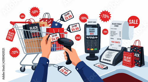 Black Friday sale with a hand using a barcode scanner on a shopping cart full of bags and tags, surrounded by sale signs, a credit card terminal, and a receipt