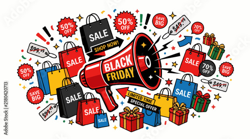 Black Friday Sale Announcement with Megaphone, Shopping Bags, Gifts and Discount Tags
