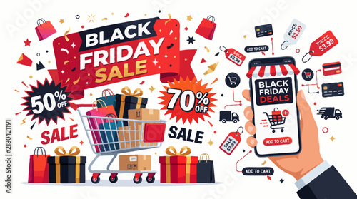 A dynamic illustration capturing the excitement of Black Friday sales with a shopping cart full of gifts, a smartphone displaying deals, and various discount tags and shopping bags
