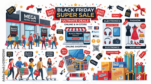 Black Friday Super Sale with ultimate deals online and in-store, showing happy shoppers, gift boxes, shopping carts, and electronic devices