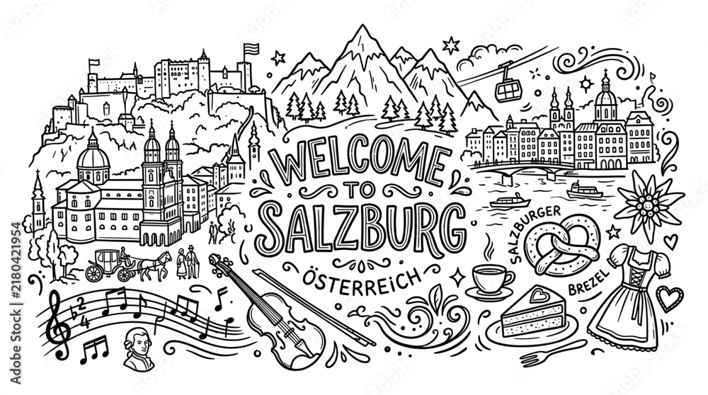 Fototapeta premium Salzburg Austria Travel Doodle Illustration