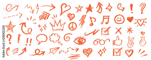 Orange chalk doodle stickers featuring arrows, hearts, stars, crowns, and expression symbols.