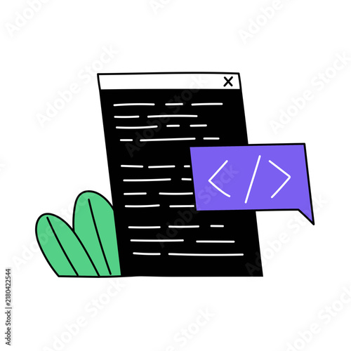 Naklejka Software Coding and Web Development Vector Concept with Dark Code Editor Window Browser and HTML Brackets Speech Bubble Line Illustration