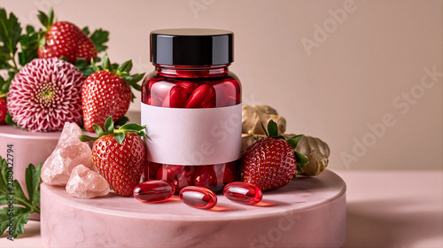 Red glass pill bottle with blank label on product podium decorated with ginger, strawberries, chrysanthemum. Dietary supplement, vitamin and packaging design concept. Still life composition for mockup