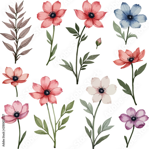 Watercolor floral arrangement featuring assorted blossoms, leaves, and delicate stems in soft pastel hues.