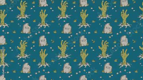 Seamless Halloween Pattern with Zombie Hands Rising from Ground and Gravestones on Dark Teal Background