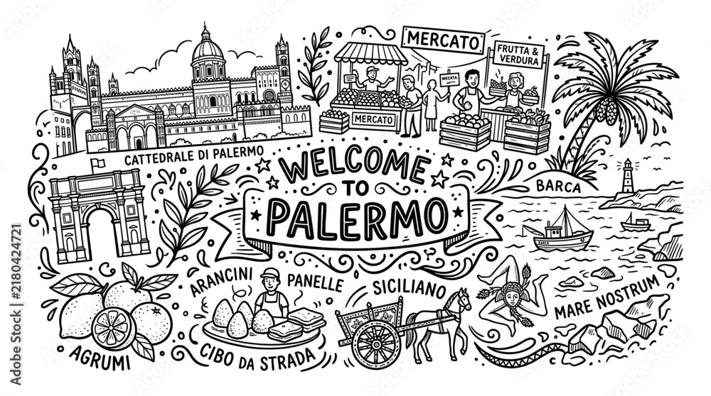 Obraz premium Palermo City Travel Doodle Illustration