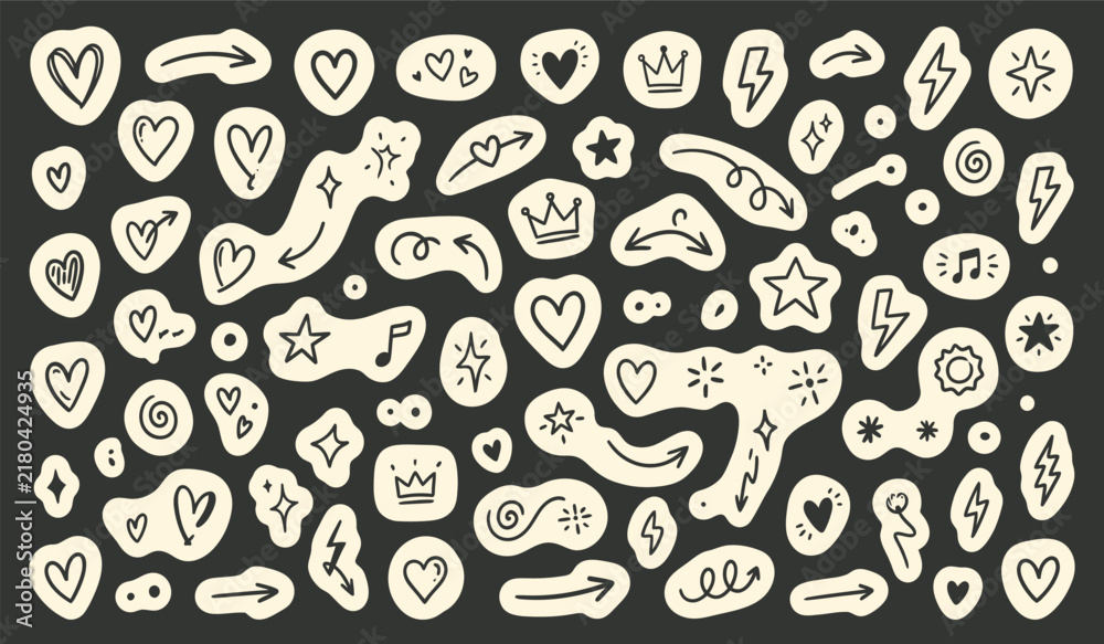 Naklejka premium Seamless doodle pattern with hand drawn crowns hearts and shapes on dark background decorative design