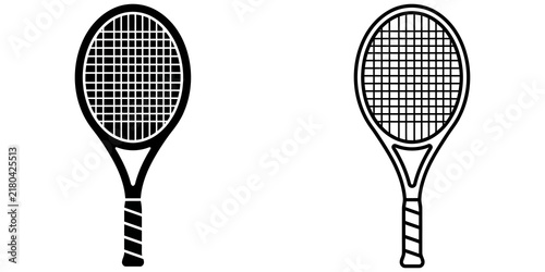 Tennis racket icons with solid and contour stroke vector silhouette.