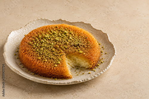 Kunafa with Pistachio – Premium Middle Eastern Dessert on Elegant Ceramic Plate