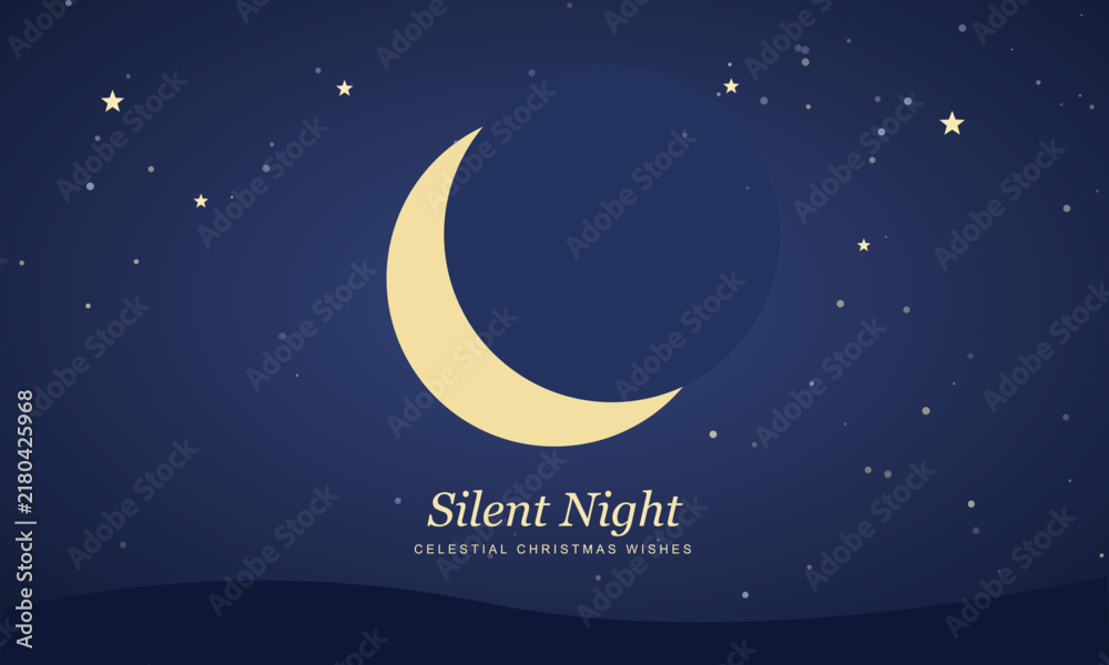 Naklejka premium Crescent moon shines in a starry night sky with subtle waves below for a serene holiday greeting